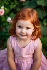 a close up of a little girl in a pink dress sitting in a garden