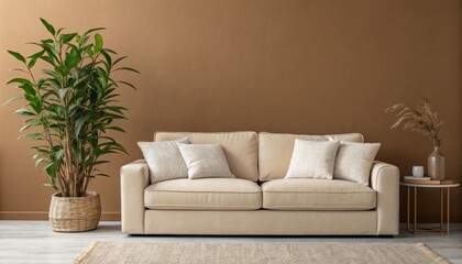 "Modern Living Room with Beige Sofa and Indoor Plants"