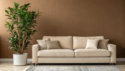 "Modern Living Room with Beige Sofa and Indoor Plants"