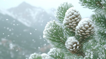 Winter Wonderland: Snow-Covered Pine Cones in Mountainous Landscape