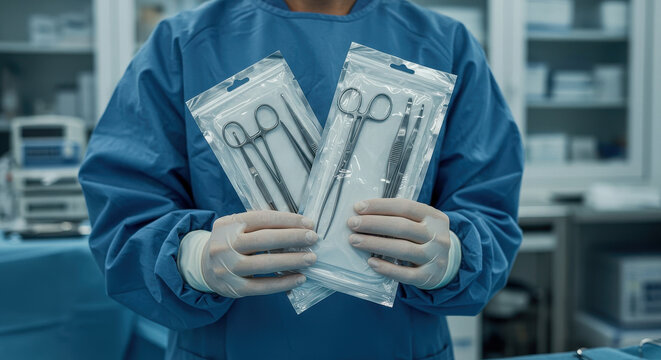 Sterile Surgical Instruments: Packaged Tools Ready for Procedure in Operating Room