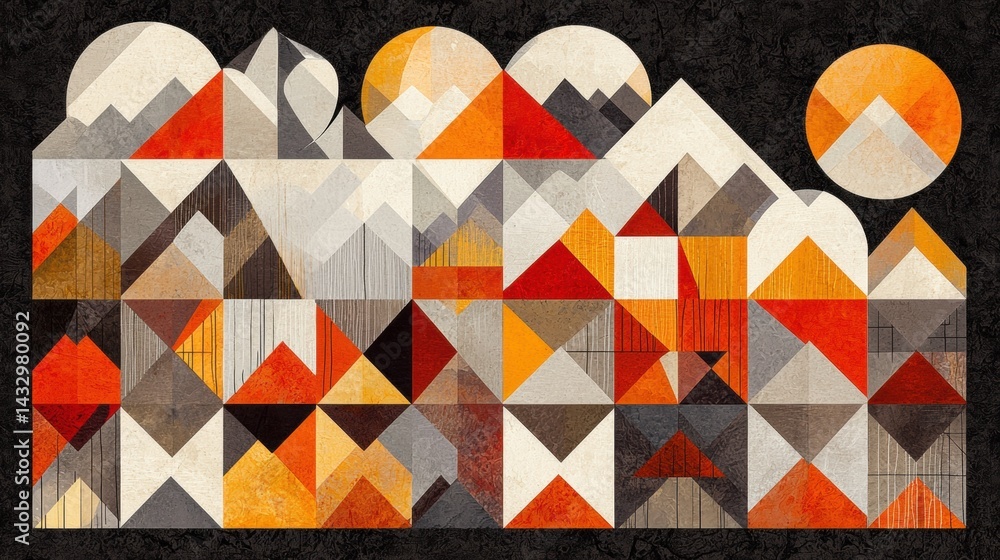 Aufkleber a geometric pattern of triangles and circles in warm colors.
