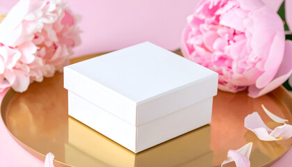 product shot of closed customizable packaging box white labels on golden tray, pastel pink
