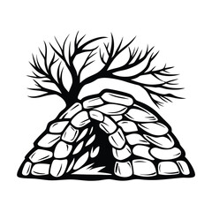 Monochrome Rock Shelter Structure with Bare Tree Above, CaveLike Entrance Silhouette