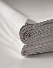 Close-up textured white paper, shallow depth of field, blurred newsprint background,  background,  blurred