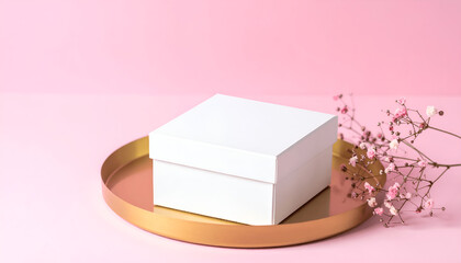 product shot of closed customizable packaging box white labels on golden tray, pastel pink