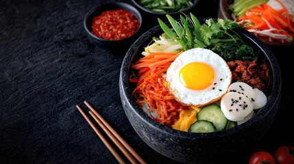 vibrant Korean dish featuring rice, assorted vegetables, fried egg, and garnishes, served in stone bowl. colorful ingredients create appetizing and inviting presentation