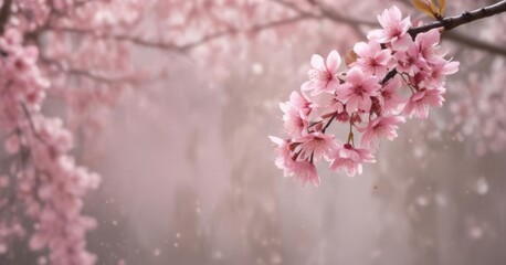 Naklejka premium Delicate pink sakura petals drift softly against a bokeh background of a blurred sakura tree , bokeh, tranquil
