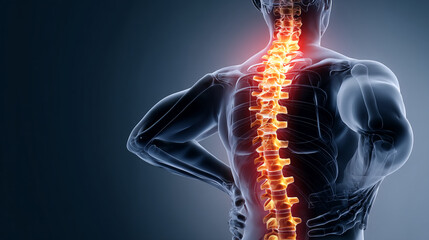 X-ray view of human spine, highlighting inflamed vertebrae, showcasing back pain concept.  Medical illustration ideal for healthcare, wellness websites. Free space