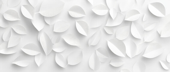 Abstract white background with layered leaves and petals creates serene and minimalist design. soft shadows add depth and texture, enhancing tranquil atmosphere