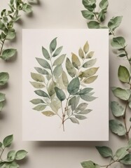 Miniature watercolor card; soft leaves, muted tones, card, pastel