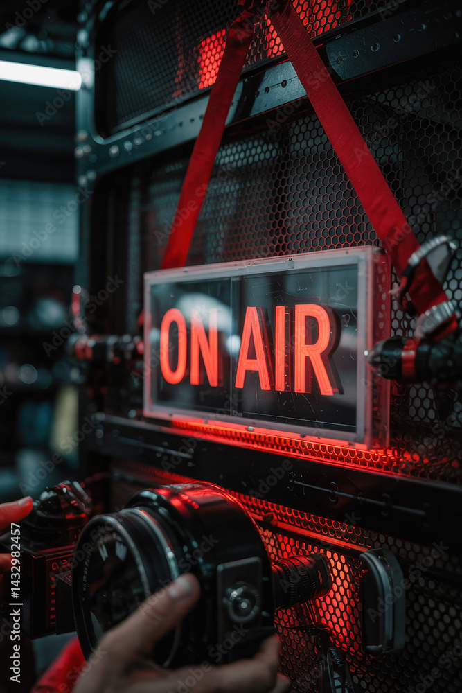 Aufkleber dynamic radio broadcast studio signlit with intense red glow and professional equipment in the backg