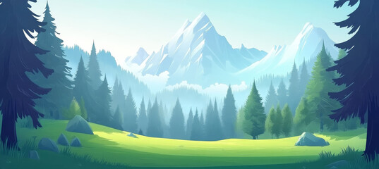 serene green forest with tall mountains in background, surrounded by lush trees and clear blue sky, creates peaceful and tranquil atmosphere