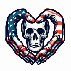 skeleton wear american flag Curve hands inward to make a heart gesture. Funny Animal Vector Clip art. Bony figure adorned with patriotic banner forming cardiac shape curved palm.