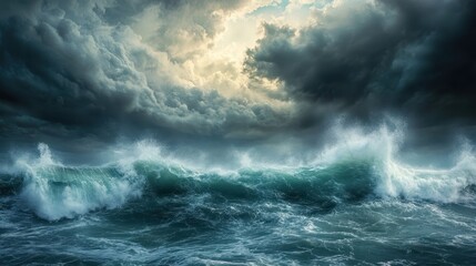 Fototapeta premium Powerful waves crash against a stormy sky.