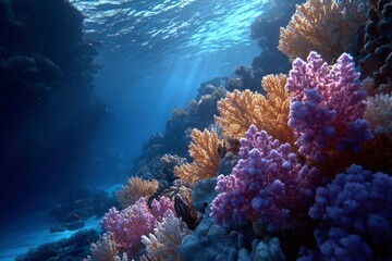Colorful Coral Reef with Light Rays Underwater