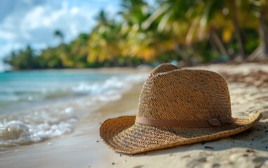 Straw hat on tropical beach