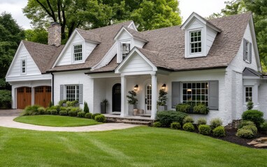 A classic suburban home with a brown shingle roof, white brick walls, and beige trim, nestled in the heart of a cozy, humorous scene