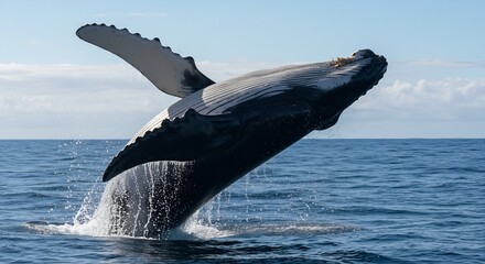 Naklejka premium Majestic Humpback Whale Breaching in Ocean Waters, Dramatic Silhouette against Blue Sky