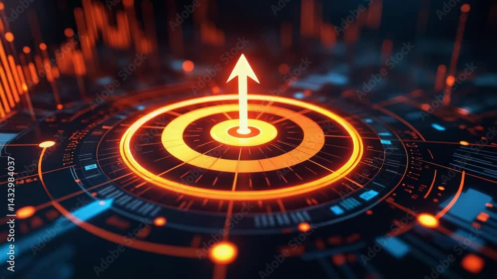 Poster a digital representation featuring concentric circles and an upward arrow, symbolizing progress and 