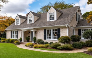 A classic suburban home with a brown shingle roof, white brick walls, and beige trim, nestled in the heart of a cozy, humorous scene