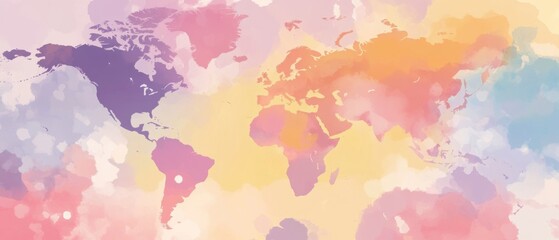 Watercolor world map in pastel colors, artistic global illustration for travel, education, and design projects
