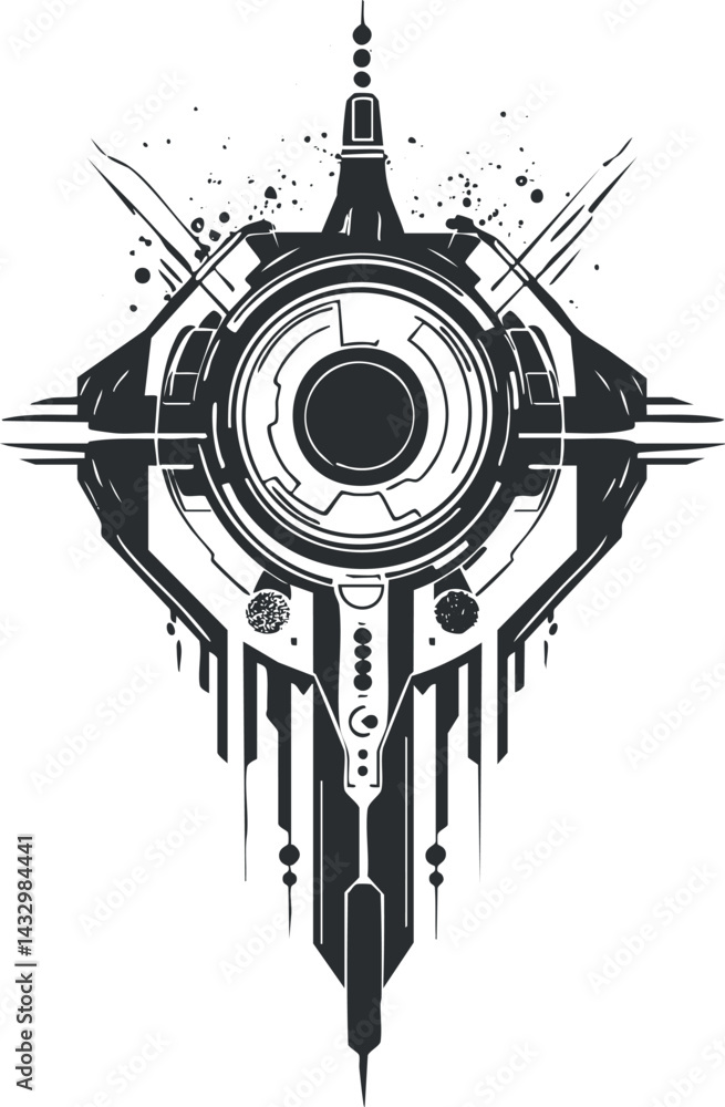 Poster abstract futuristic geometric design with mechanical and digital technology elements in black and wh