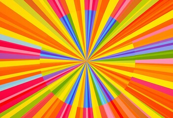 Vibrant sunburst background with colorful radial stripes and spiral rays, perfect for playful designs, background, retro