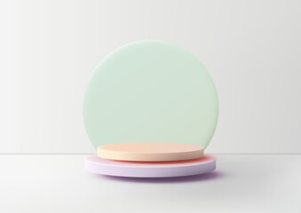 3D peach toned cylindrical podium on light purple base with mint green circle, minimalist 3d mockup, pastel product display