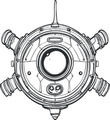Detailed black and white illustration of a circular underwater exploration submersible or robotic camera device