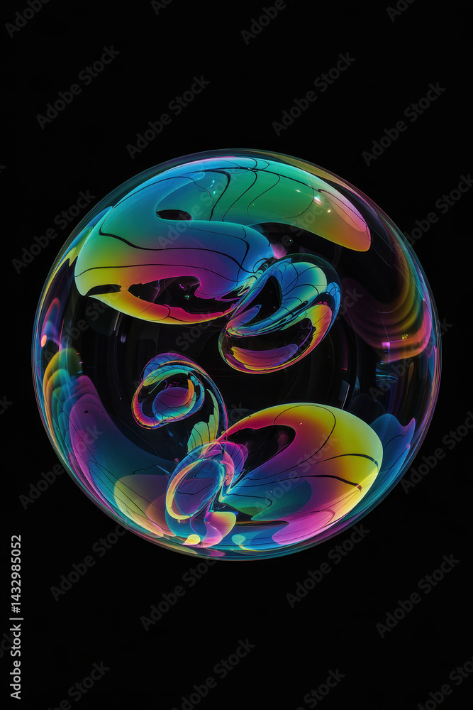 Poster mesmerizing colorful soap bubbles reflecting light in abstract design against dark background