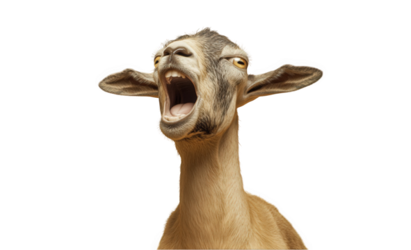 Funny screaming goat portrait isolated on pet farm cute loud white brown on transparent background