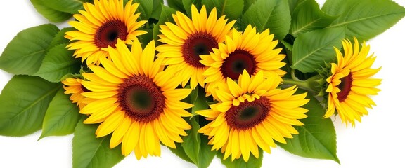 Vibrant sunflowers with lush green leaves, isolated on pure white, flower, bright