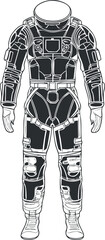 Detailed black and white illustration of a modern astronaut spacesuit designed for space exploration and protection. © vadymstock