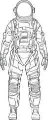 Detailed black and white line drawing of an astronaut wearing a complete spacesuit and helmet for space exploration