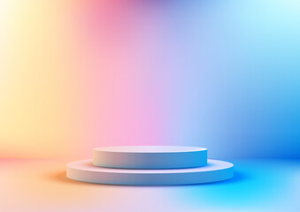 modern white round podium stand on vibrant gradient background, 3d product display mockup, minimalist showcase scene