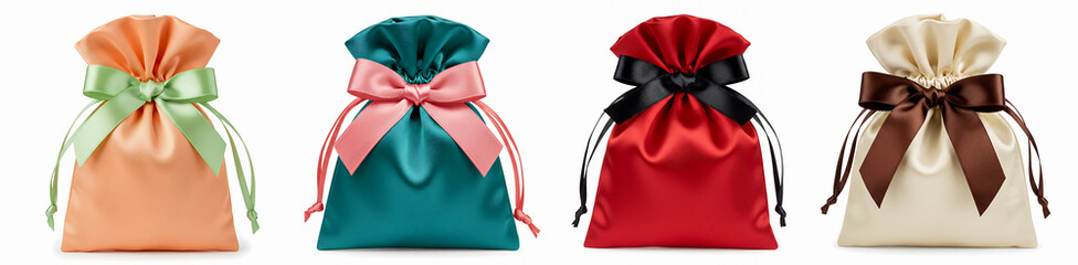 4 Colorful Drawstring Gift Bags with Matching Ribbons in Orange, Teal, Red, and Cream