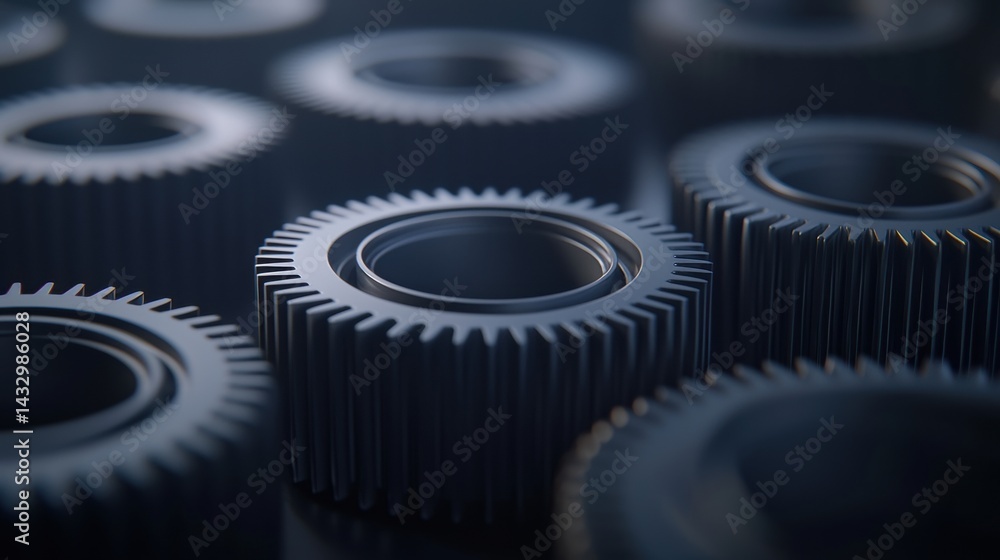 Poster a collection of metallic gears, varying in size and shape, arranged in a close-up view.
