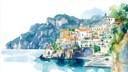 Amalfi Coast. Amalfi Coast hand drawn watercolor illustration
