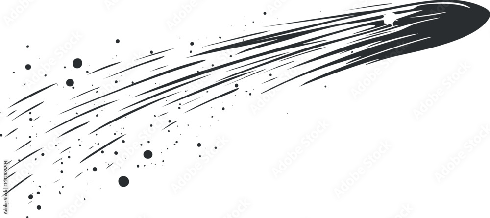 Poster black and white vector illustration of a comet or meteor streaking across the sky with dynamic motio
