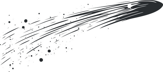 Black and white vector illustration of a comet or meteor streaking across the sky with dynamic motion lines. © vadymstock