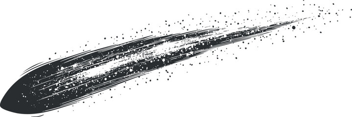 Black and white illustration of a comet streaking through space with a glowing tail and particles. © vadymstock