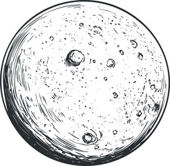 Black and white sketch illustration of the moon showing craters and surface details in space © vadymstock