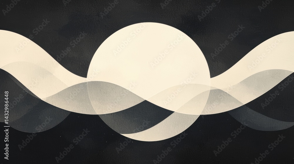 Poster a digital art piece featuring a large, white circle with a gradient effect, surrounded by wavy lines
