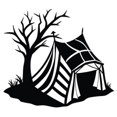 Medieval Tent Beside Bare Tree Silhouette, Black and White Outdoor Scene, Striped Canopy