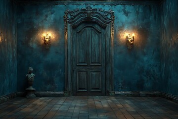 Dark moody interior with ornate doorway sconces and statue in haunted house