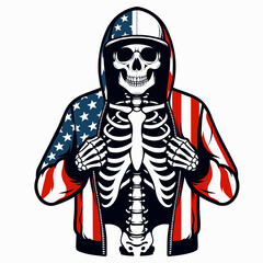Fototapeta premium skeleton wear american flag Wearing matching outfits. Funny Animal Vector Clip art. Skeletal costume USA banner attire kindred garb patriotic theme unity.