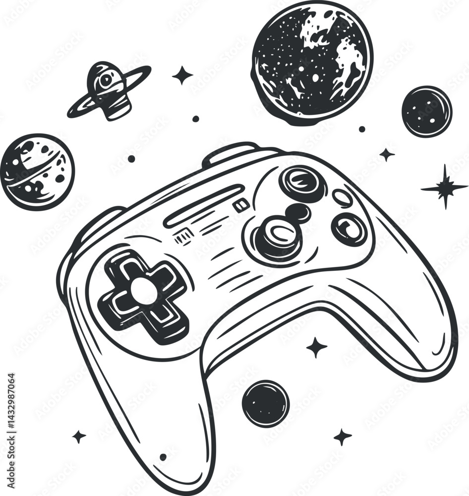 Aufkleber black and white sketch of a video game controller surrounded by planets and stars in space.