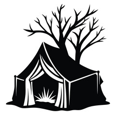 Black tent silhouette with tree and plant icon on white background