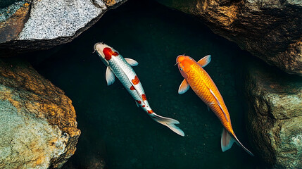 Two vibrant koi fish swimming gracefully in a serene pond surrounded by natural stones